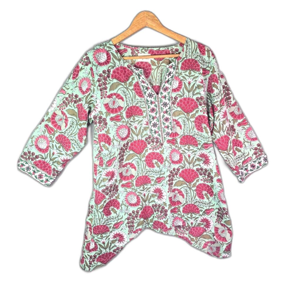 Signals Tunic Pink Green Floral XL Boho Cotton Handkerchief Hem Block Print